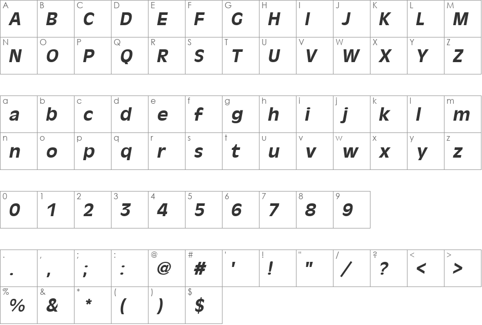 Oliver font character map preview