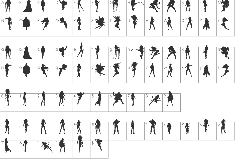 Action Women font character map preview