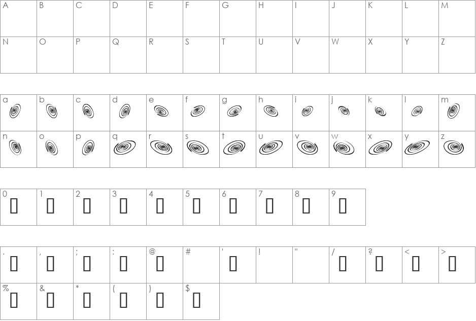 omega swirls font character map preview