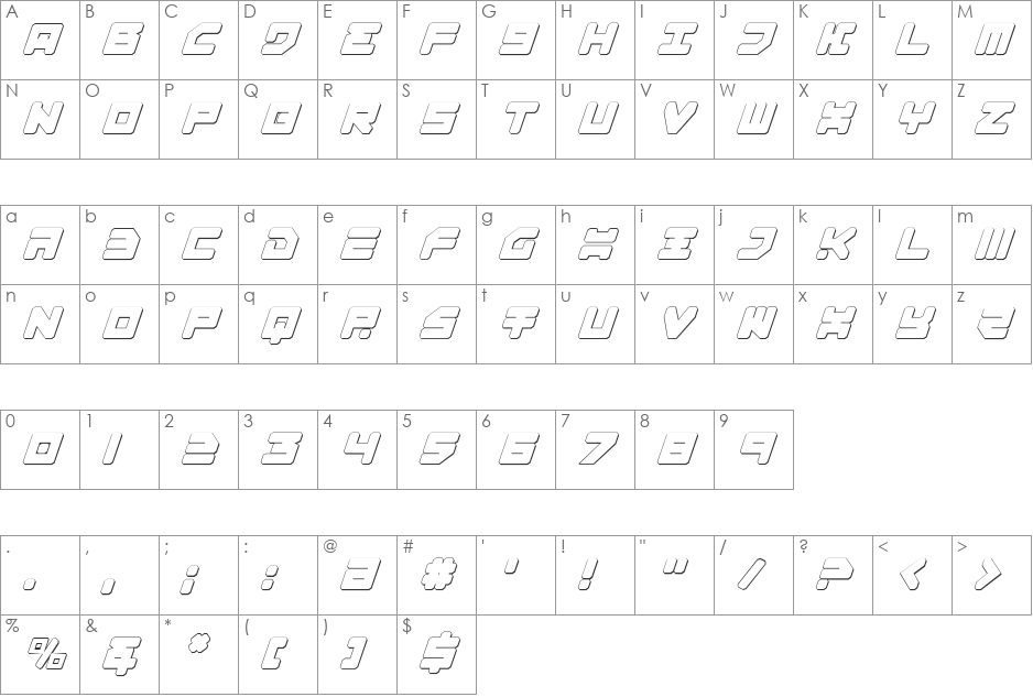 Omega-3 3D Italic font character map preview