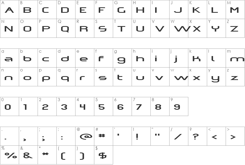 Omicron Zeta Pressed font character map preview