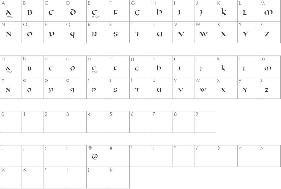 Oncial Tryout font character map preview