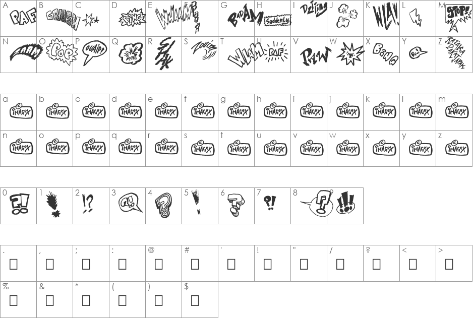 Onomatopaf font character map preview