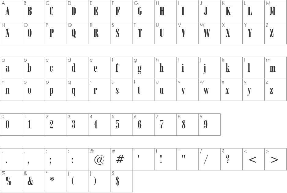 Onyx BT font character map preview