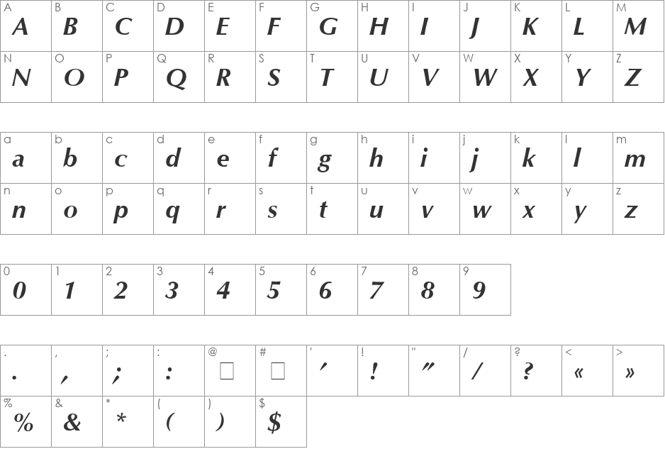 Opart-Medium Italic font character map preview