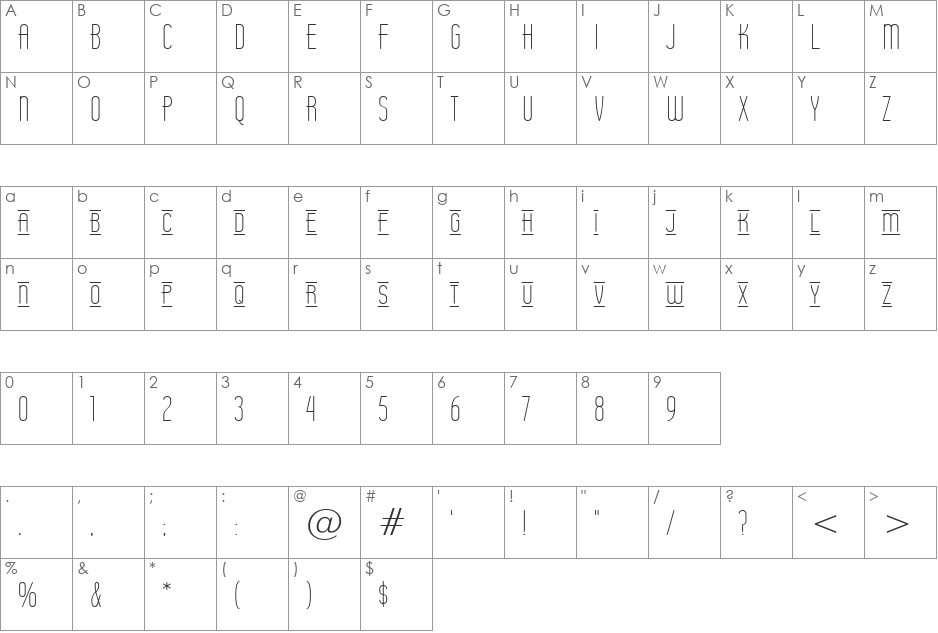 Operator Nine BTN Lined Lt font character map preview