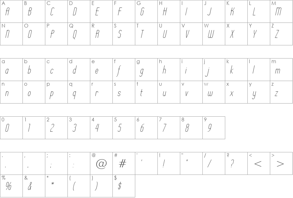 Operator Nine BTN Lt font character map preview