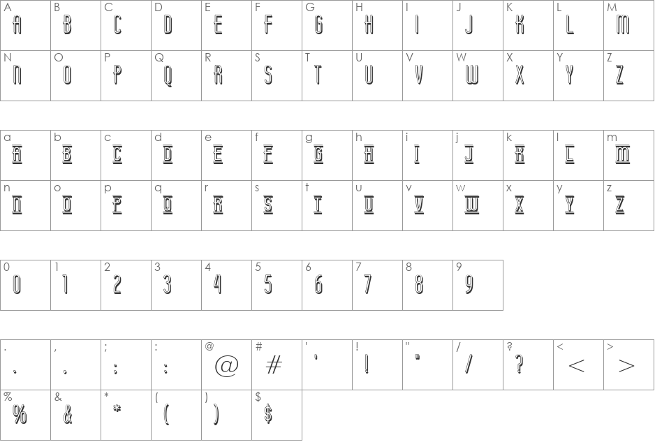 Operator Nine BTN Shadow Lined font character map preview