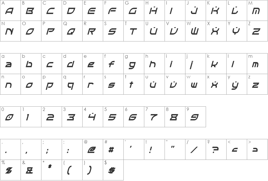 OpTic font character map preview