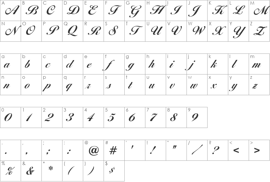 OPTIDiannaScriptBoldAgency font character map preview