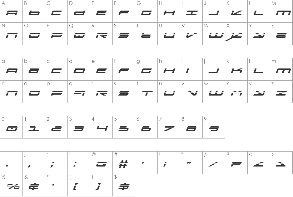 Oramac Laser Italic font character map preview