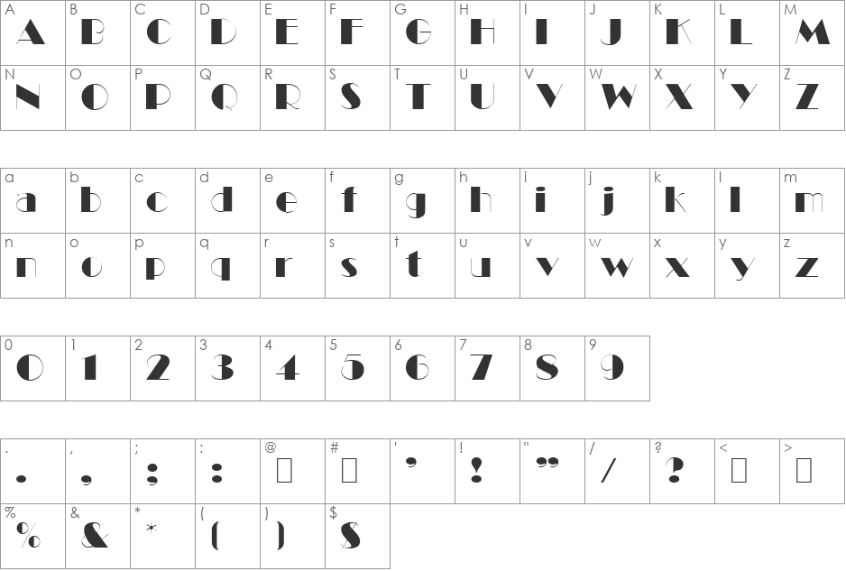 Oratory font character map preview