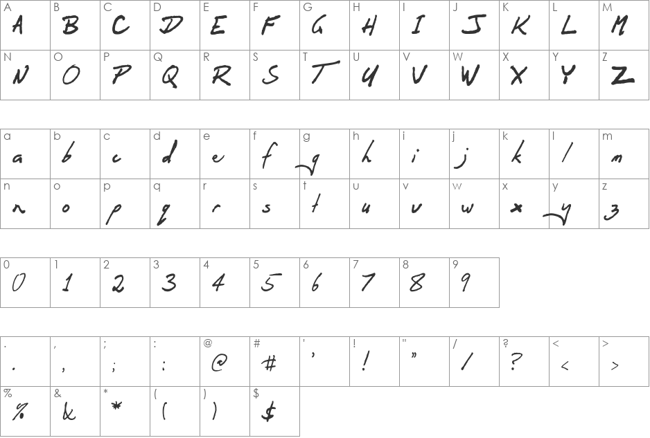 OrenScript font character map preview
