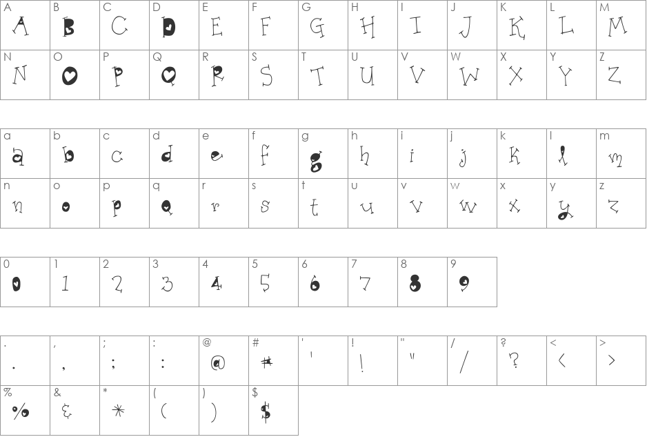 Organic Fridays Heart Alternates font character map preview