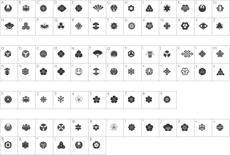 Orientals font character map preview