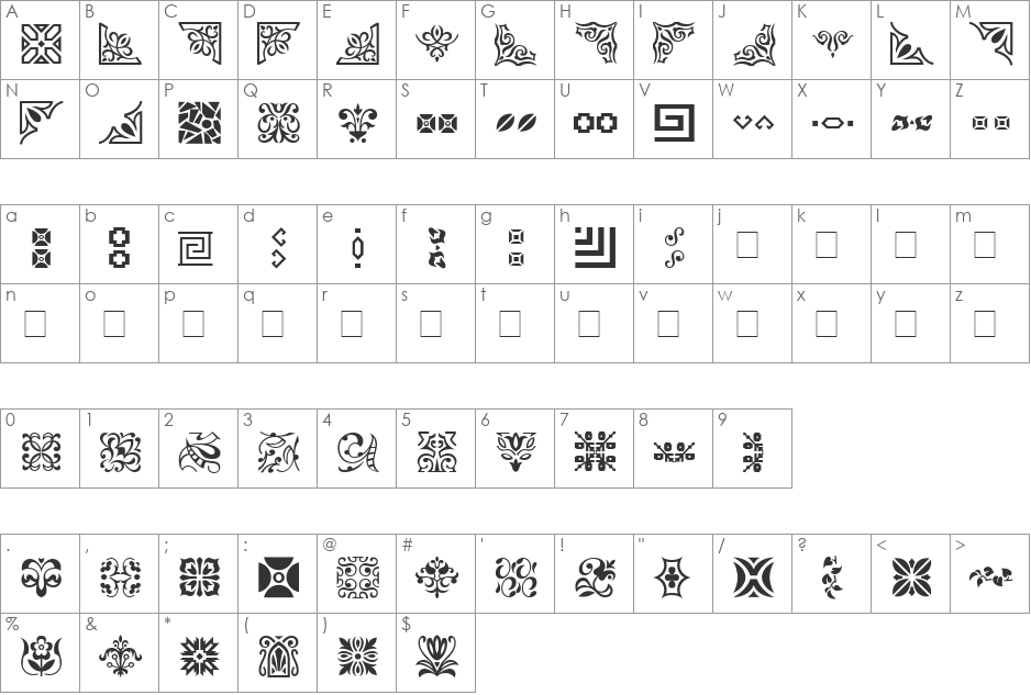 Ornament font character map preview