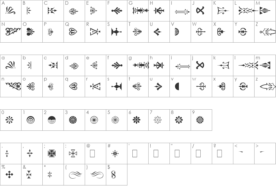 Ornament-Wood font character map preview