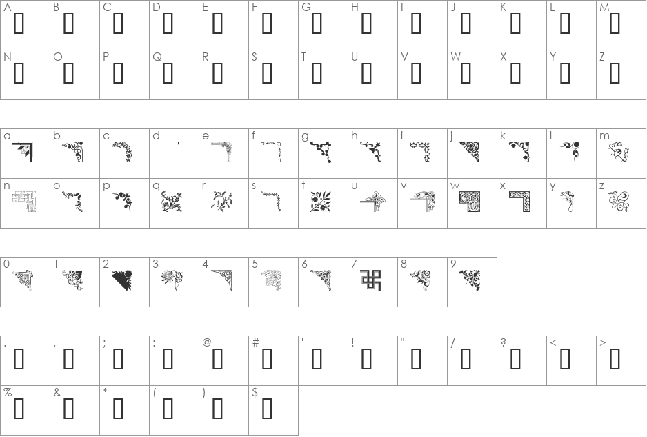 Ornamental Corners font character map preview