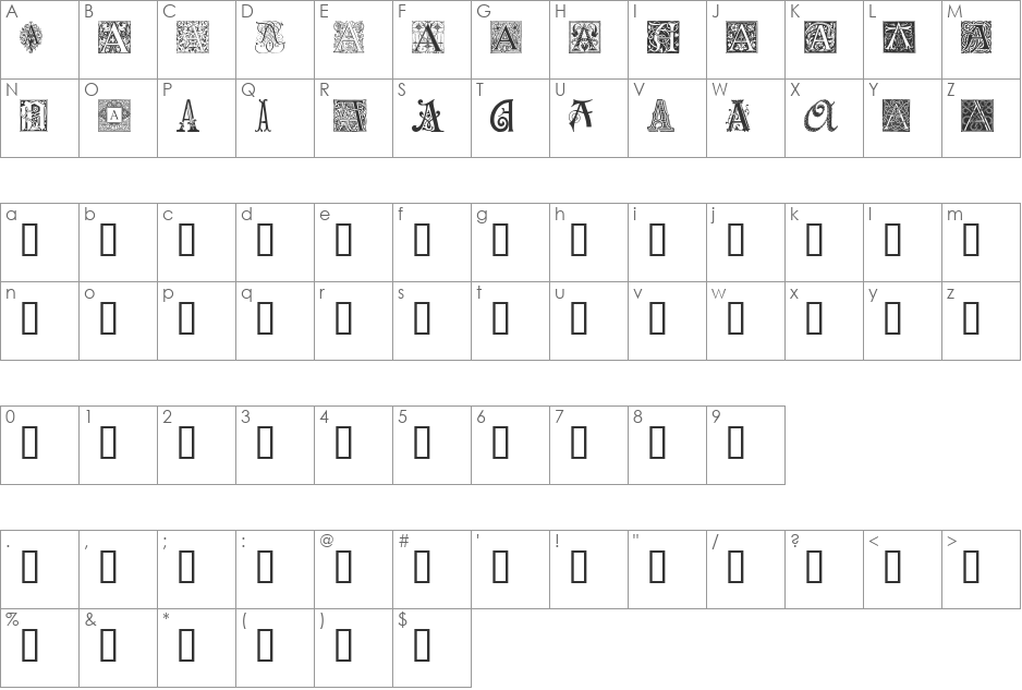 Ornamental Initials A font character map preview