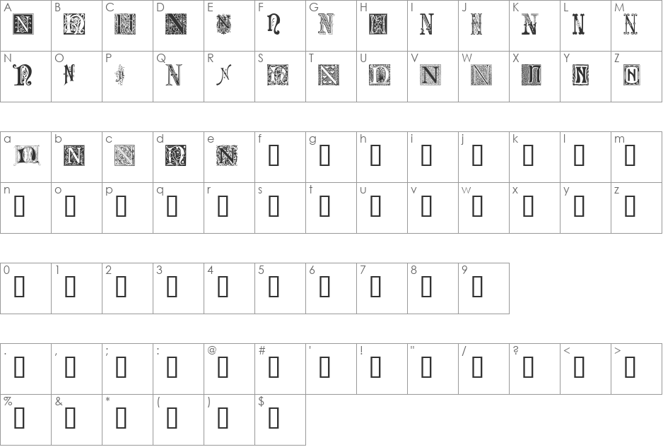 Ornamental Initials N font character map preview