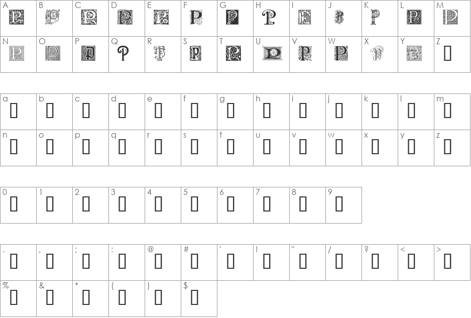 Ornamental Initials P font character map preview