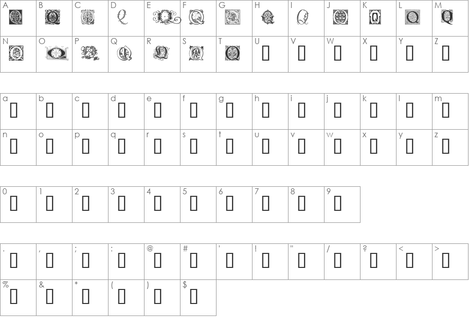 Ornamental Initials Q font character map preview