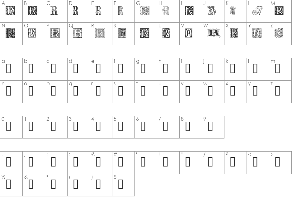 Ornamental Initials R font character map preview