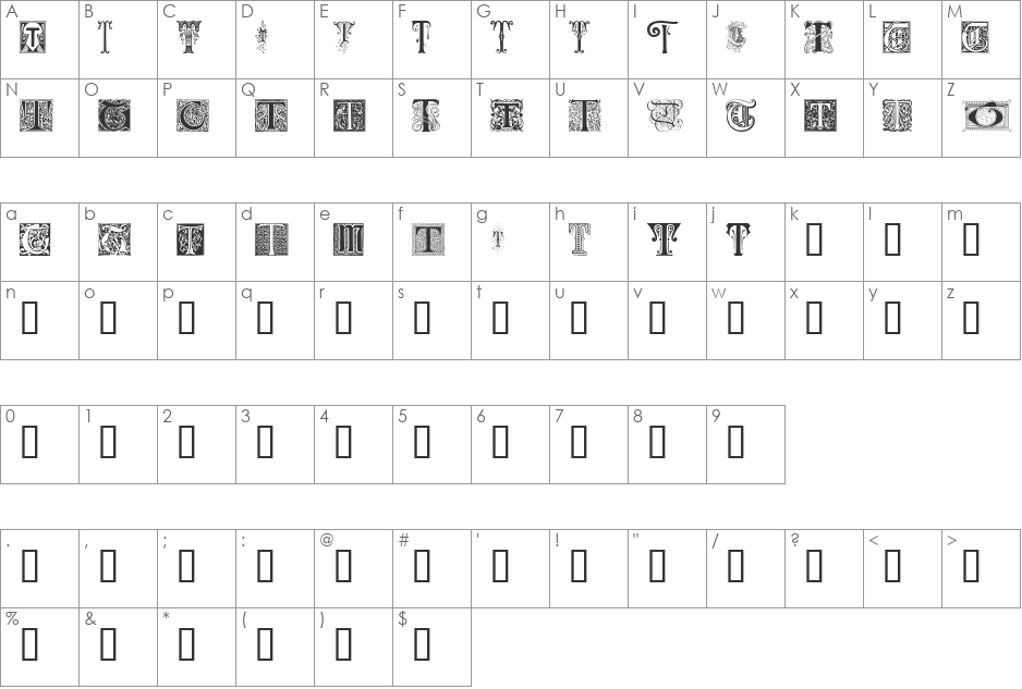 Ornamental Initials T font character map preview