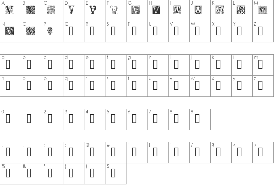 Ornamental Initials V font character map preview