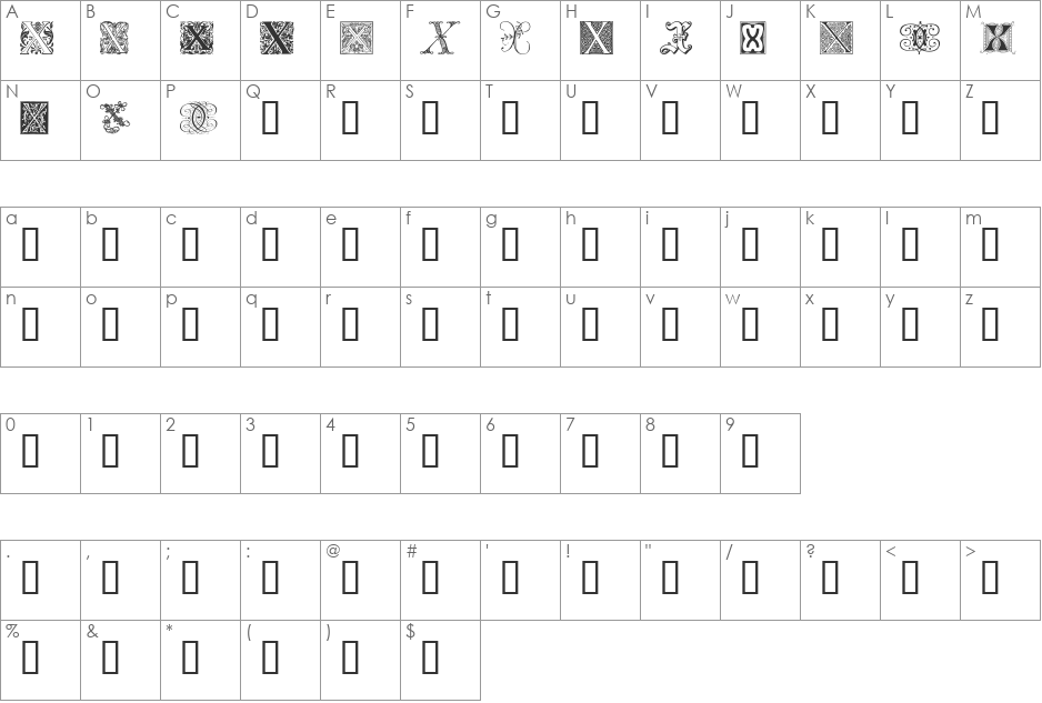 Ornamental Initials X font character map preview