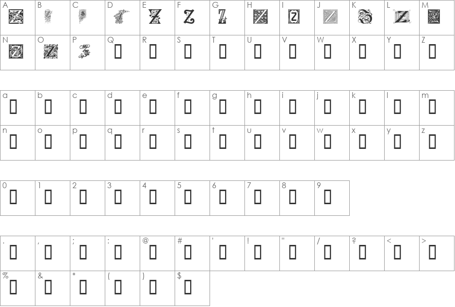 Ornamental Initials Z font character map preview