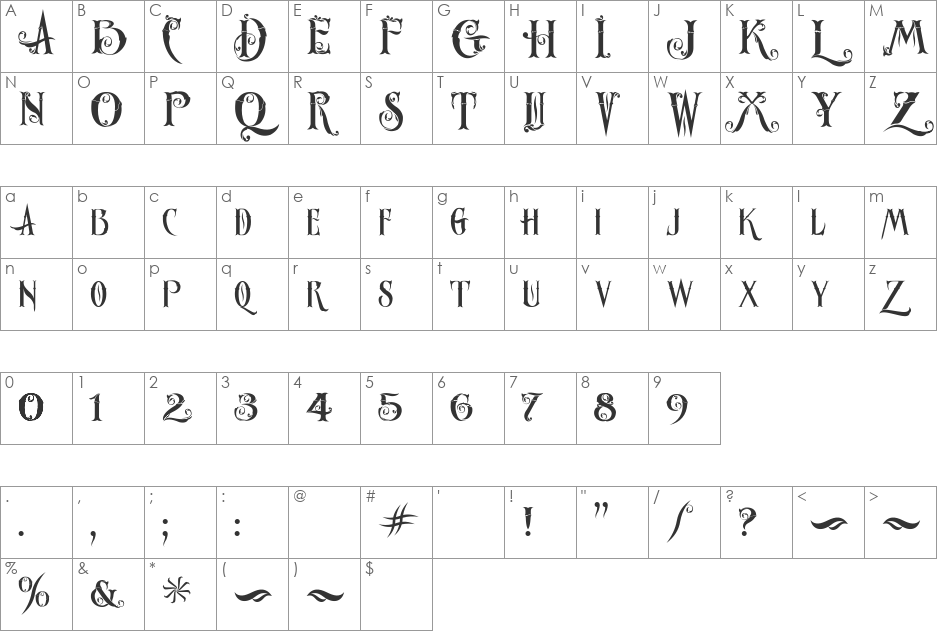 Ornatique font character map preview