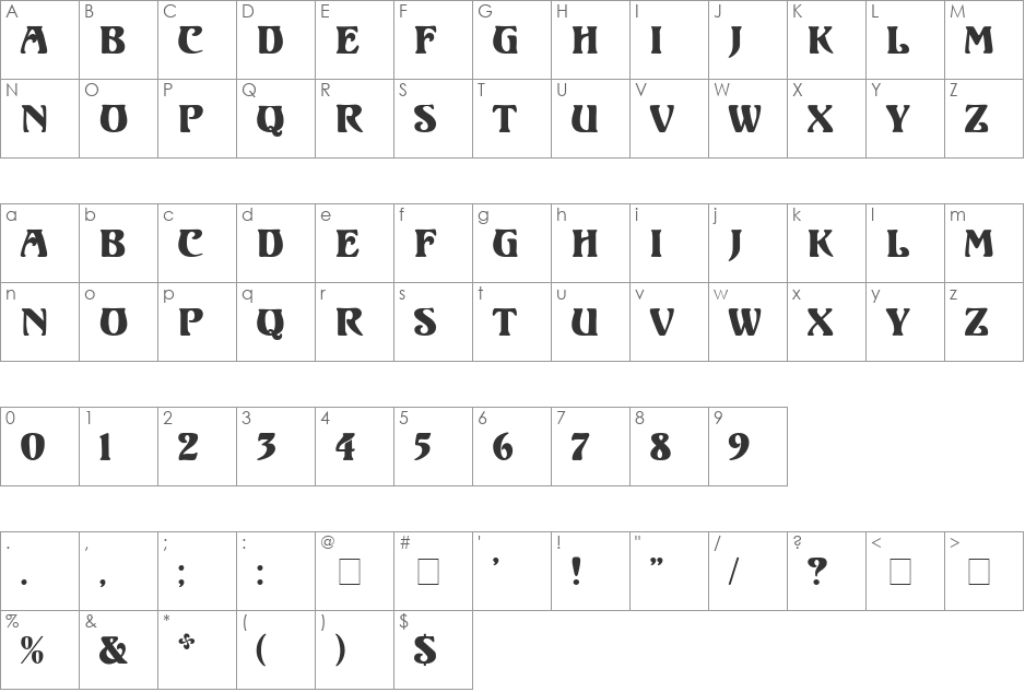 Ortem MN font character map preview