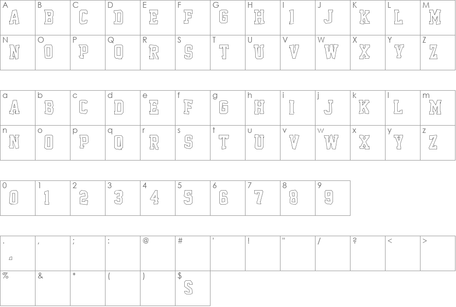 Outcast M54 font character map preview
