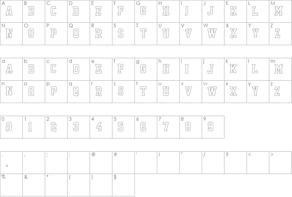 Outcast M54 font character map preview