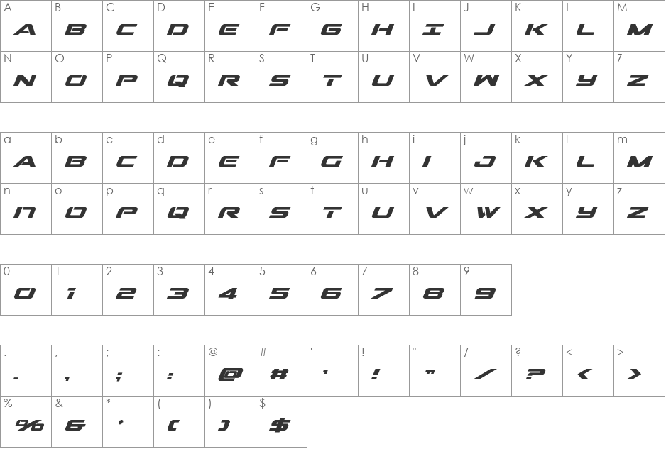 Outrider Condensed Bold Italic font character map preview