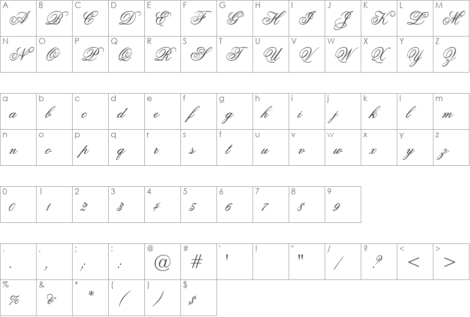 Ouverture script font character map preview