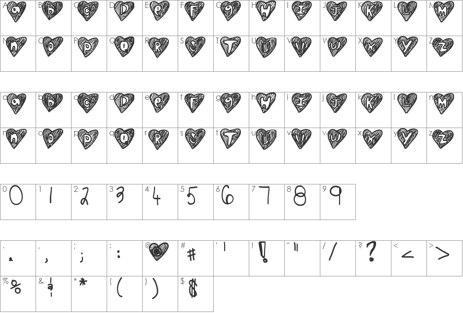 Overhearts font character map preview