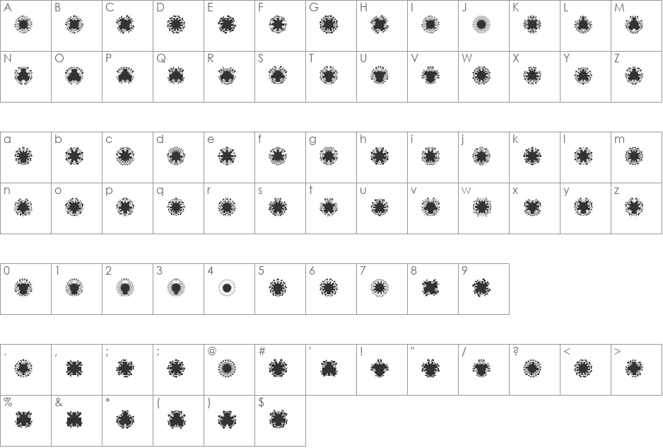 Ovulution I Nucleus font character map preview