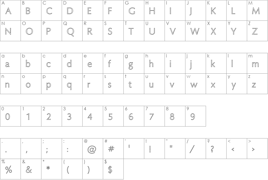 Oxford Hollow font character map preview