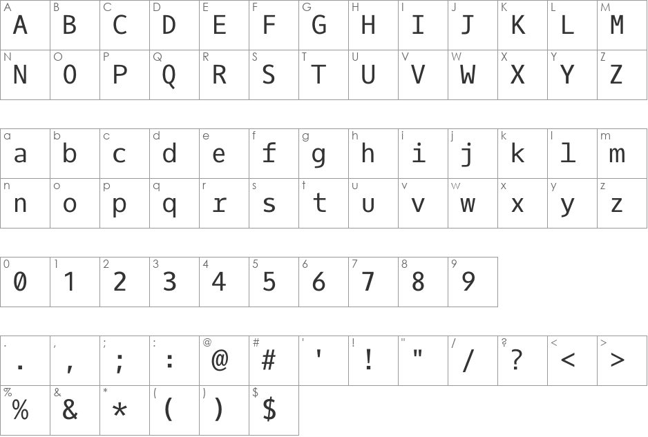 Oxygen Mono font character map preview