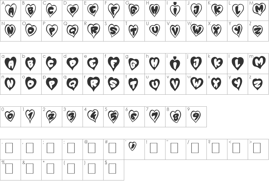 P'tit Coeur d'Amour font character map preview