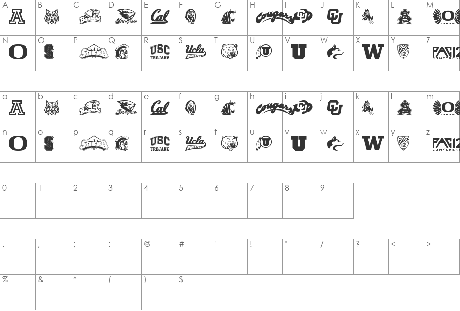 PAC-12 font character map preview
