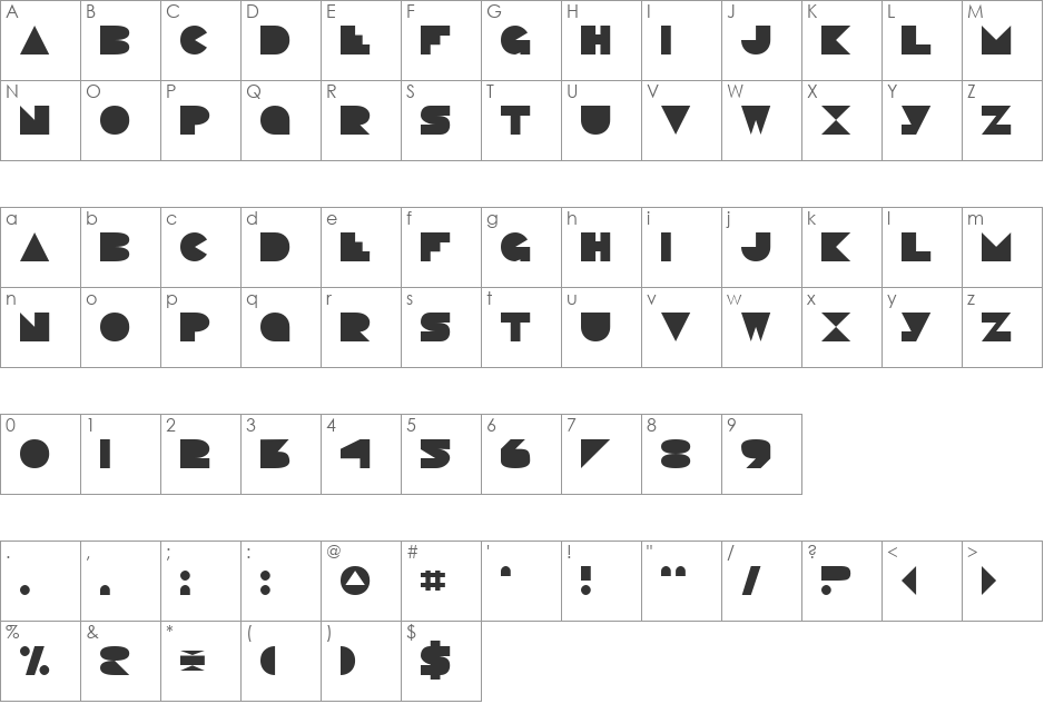 Pacmania font character map preview