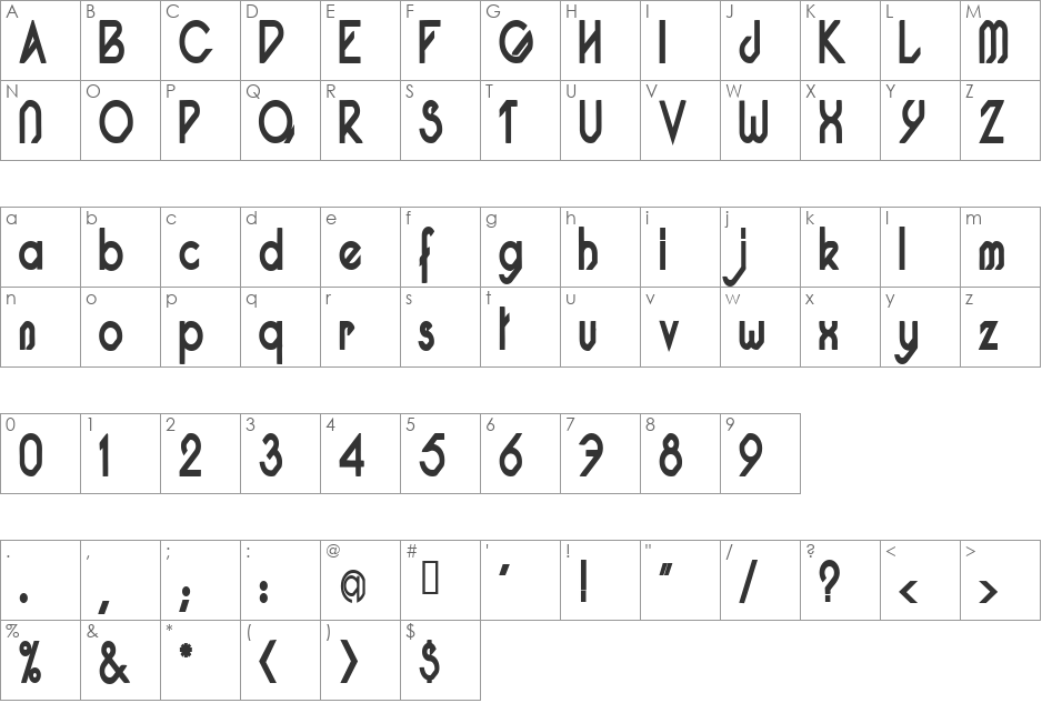 Pacotillenarrow font character map preview