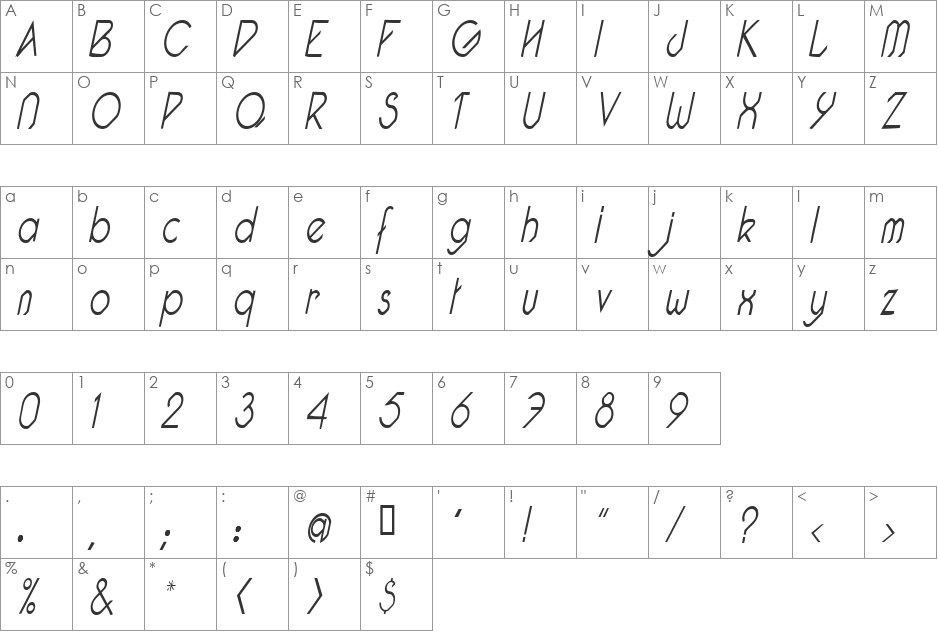 Pacotillenarrowlight font character map preview