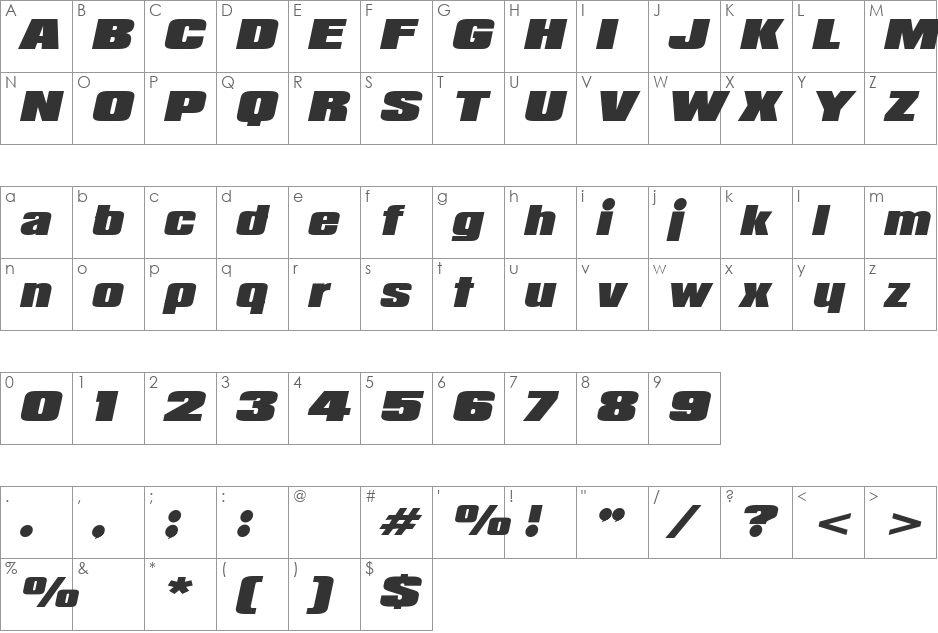 Padaloma Italic font character map preview