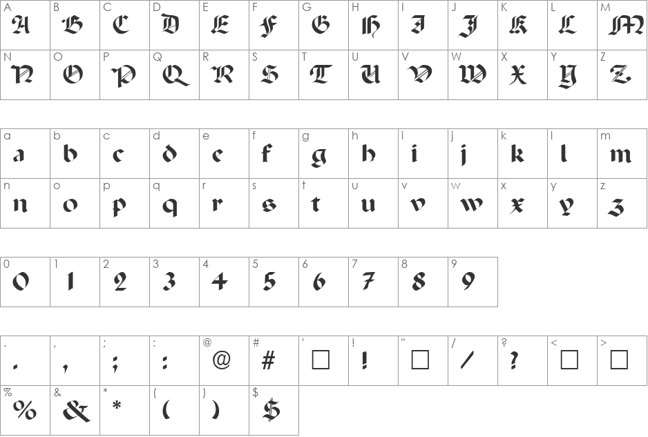 Paladin font character map preview