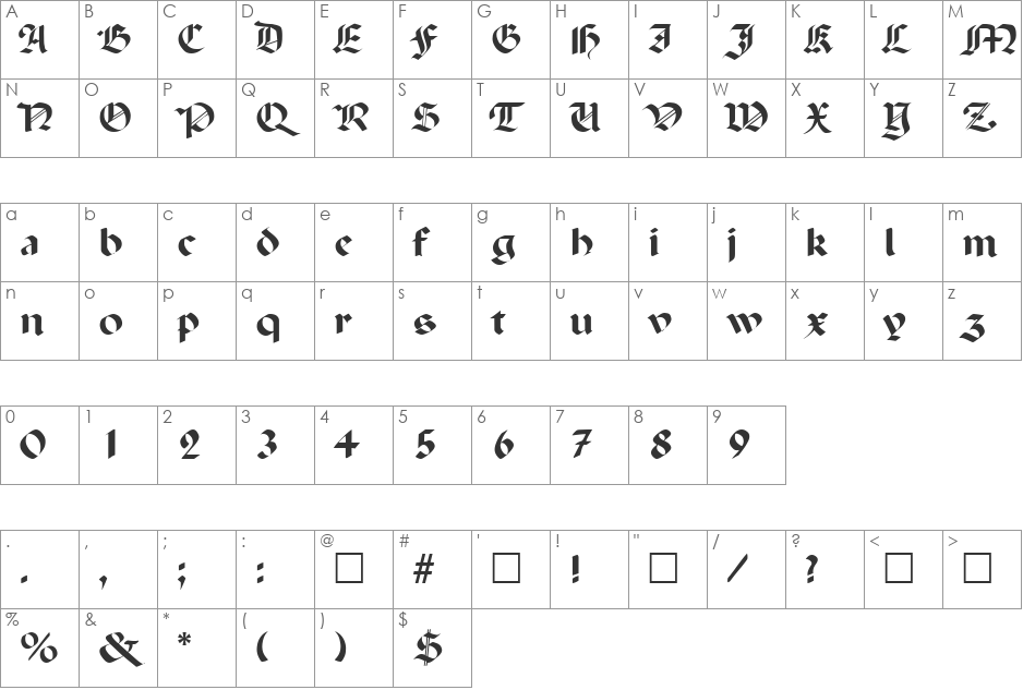 Paladin font character map preview