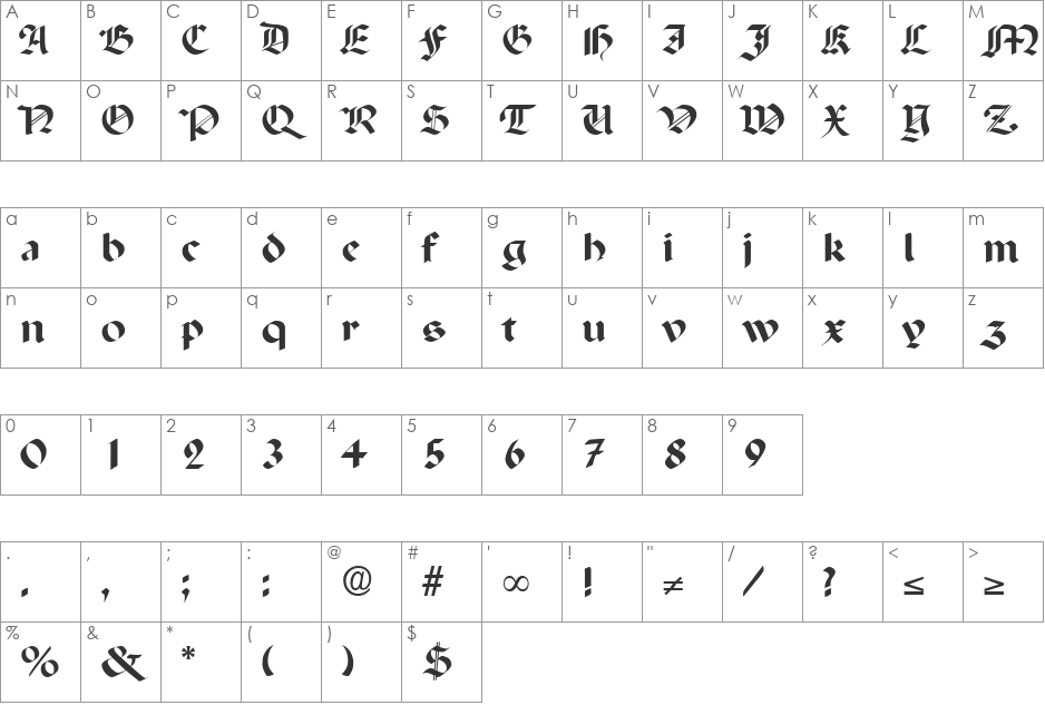 Paladin DB font character map preview